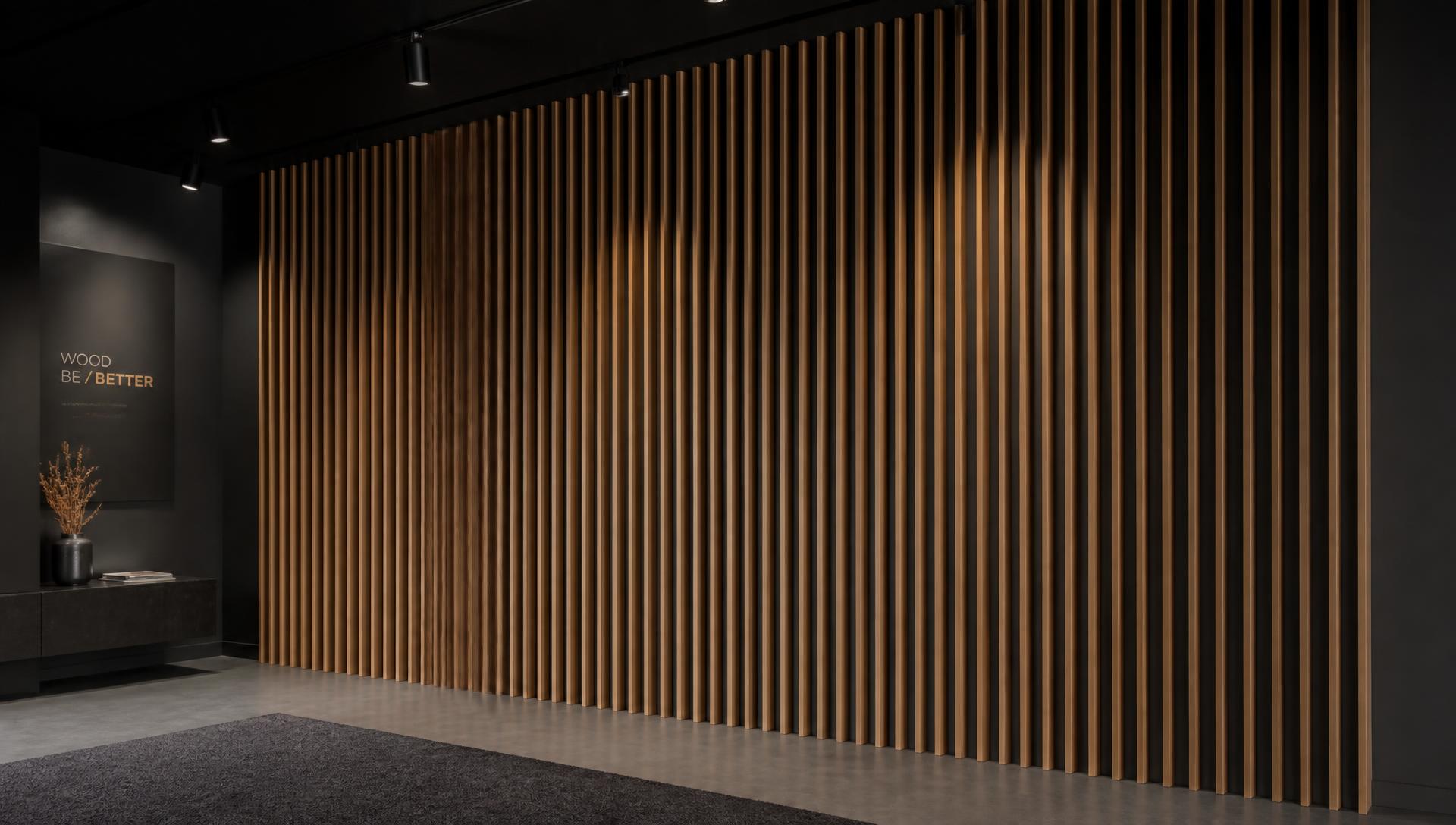 Panneaux muraux acoustiques à lattes de bois en gros, installés du sol au plafond dans un showroom sombre